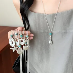Collier Pendentif Géométrique en Alliage Brossé Minimaliste pour Femme Style Coréen Mode Étoile Poisson Cœur Chaîne de Clavicule Bijoux