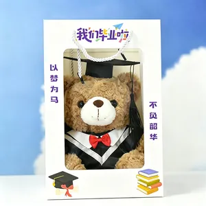 Graduation teddy bear plush in doctoral gown inside a themed gift box with sky background