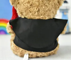 Back view detail of brown graduation teddy bear plush wearing a black academic gown