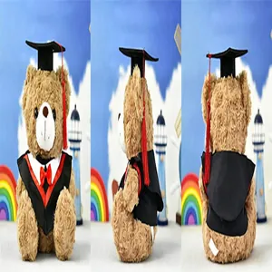 Detailed views of a plush graduation teddy bear wearing a black gown and mortarboard.
