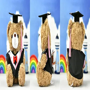 Detailed front side and back views of a graduation teddy bear plush in gown and cap