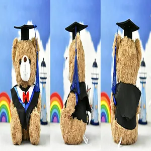 Multiple views of graduation teddy bear plush doll in black gown with blue tassel
