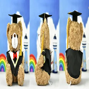 Three-view display of graduation teddy bear plush toy in academic gown and cap