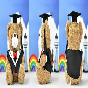 Three-side view of a brown graduation teddy bear in black academic gown and mortarboard cap.