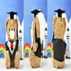 Detailed three-sided view of a plush graduation teddy bear in black academic regalia.