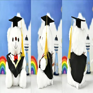 Multi-angle views of a white plush graduation teddy bear wearing a black gown and cap.