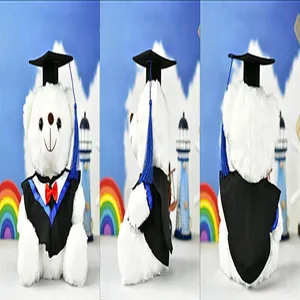 Graduation teddy bear in gown and cap, multi-angle view showing front, side and back.