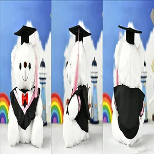 Multi-angle detailed views of white graduation teddy bear in black bachelor gown and cap