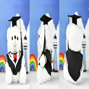 White graduation teddy bear in black gown shown from front, side, and back views