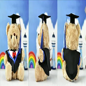 Front, side, and back views of a graduation teddy bear wearing a black academic gown