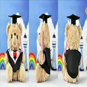 Detailed three-view display of a plush graduation teddy bear wearing black cap and gown