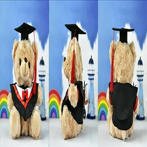 Multi-view graduation teddy bear plush toy in academic gown and cap with red tassel.
