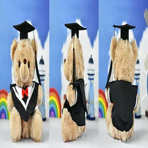 Detailed multi-angle views of a graduation teddy bear wearing black doctoral gown and cap