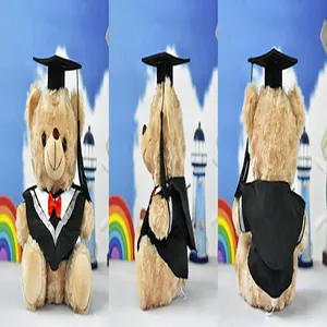 Detailed three-view display of graduation teddy bear plush in bachelor attire