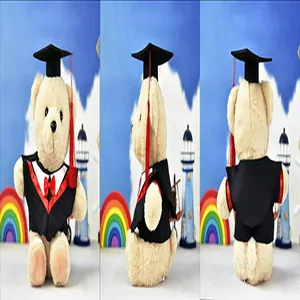 Detailed front, side, and back views of a plush graduation teddy bear in a black gown