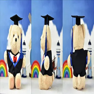 Detailed multi-angle views of a graduation teddy bear plush toy in academic cap and gown