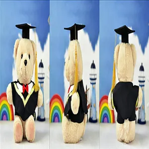 Graduation teddy bear plush in gown and cap shown from front, side, and back views.