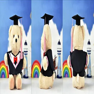 Front, side, and back views of a graduation teddy bear plush wearing academic gown.