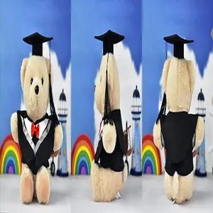 Detailed views of graduation teddy bear plush doll in bachelor gown from three angles