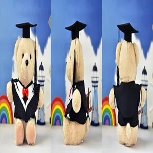 Detailed three-sided view of a graduation teddy bear in a black academic gown and cap.