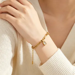 Stainless Steel Zirconia Paperclip Chain Bracelet For Women 18K Gold Plated Heart Round Square Pendant Mix Match Jewelry