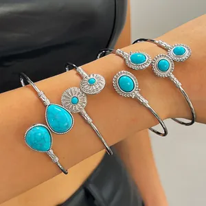 Bracelet Jonc Ouvert Style Ethnique Vintage Femmes Bohême Géométrique Incrustation de Turquoise Argent Antique Réglable Bijoux de Mode