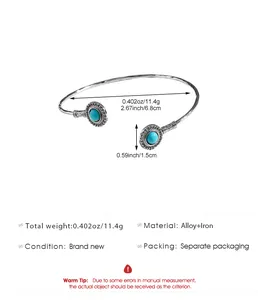 Bracelet jonc ouvert argenté vintage avec pierres turquoise et spécifications du produit