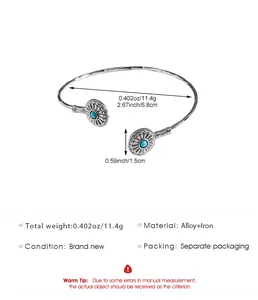 Vue détaillée du bracelet jonc turquoise rétro ethnique avec dimensions et poids