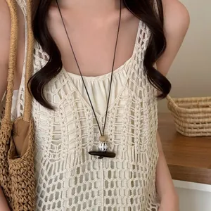 Vintage Chinese Old Money style long necklace with a brown stone pendant for women