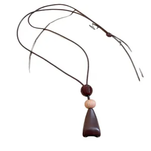 Retro New Chinese style long pendant necklace with brown bell charm and wooden beads