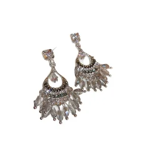 Elegant vintage-style chandelier earrings with crystal rhinestones and grey glass beads