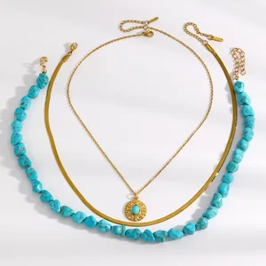 Layered turquoise bead necklace set with gold pendant detail and elegant snake chain