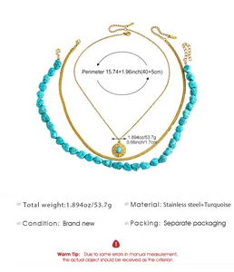 Detailed view of layered turquoise and stainless steel necklace set with measurements