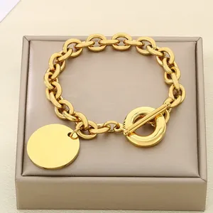 Pulsera De Acero Inoxidable Para Mujer Colgante Redondo Cierre De Palanca Cadena Gruesa Joyería Minimalista Hip Hop