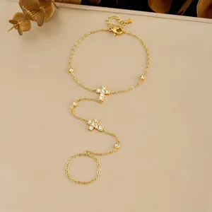Moda Acero Inoxidable Chapado en Oro Strass Cruz Ring-and-Bracelet Chain Elegante Pulsera de Mano para Mujer Joyería