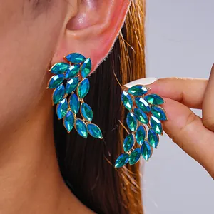 Vintage Alloy Feather Wing Stud Earrings For Women With Silver Earring Post Luxurious Rhinestone Inlaid Marquise Cut Jewelry