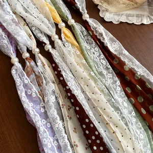 Koreaanse Stijl Kanten Bloem Stippen Zijden Sjaal Ketting Voor Dames Elegante Kunstparel Decoratieve Dubbellaagse Sjaalketting Sieraden