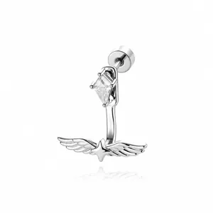 Silver angel wing stud earring featuring a sparkling zircon stone and titanium alloy bar
