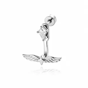 Elegant angel wing titanium stud earring with kite-shaped zircon and star details