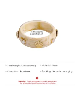 Detailed specifications of the retro resin bangle featuring shell and pearl decorations.