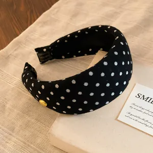 Serre-tête rembourré noir vintage élégant avec pois blancs et bouton doré chic
