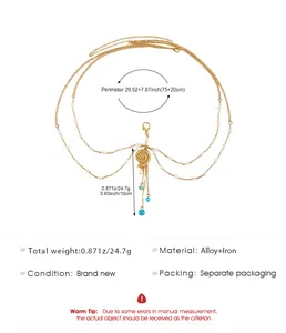 Gold shell pendant multilayer body chain with pearl details and precise measurements
