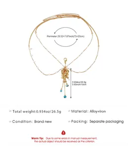 Detailed specifications for gold multi-layered body chain with lobster pendant and pearls