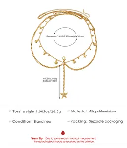 Detailed view of gold multi-layer body chain with starfish pendants and dimensions