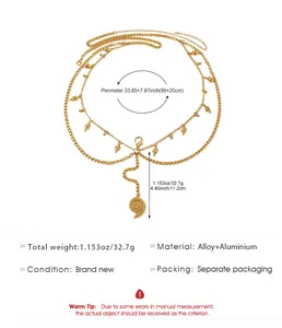 Detailed view of gold multi-layer shell body chain with dimensions and weight specs.
