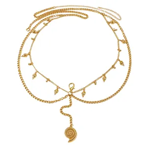 Detailed view of a multi-layered gold body chain featuring realistic shell pendants