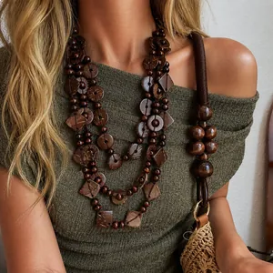Bohemian Multilayer Coconut Shell Wood Beaded Necklace Ethnic Geometric Pendant Sweater Chain For Women Vintage Handmade Jewelry
