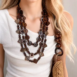 Handmade Bohemian multi-strand coconut shell necklace with geometric wood beads for women