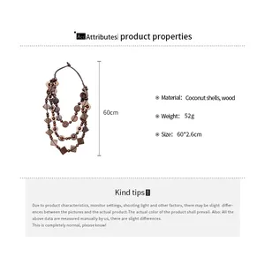 Detailed specifications of bohemian layered necklace made of coconut shells and wood beads.