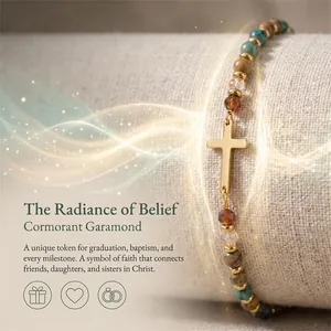 Detailed shot of 4mm African turquoise and crystal beaded cross bracelet for women